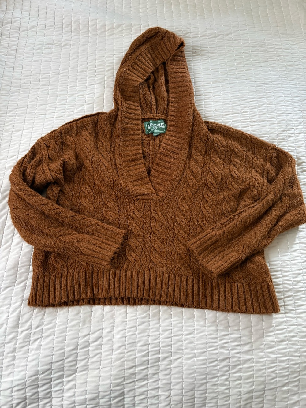 American Eagle Outfitters Vintage Label Brown Cable-Knit V-Neck Hoodie Sweater